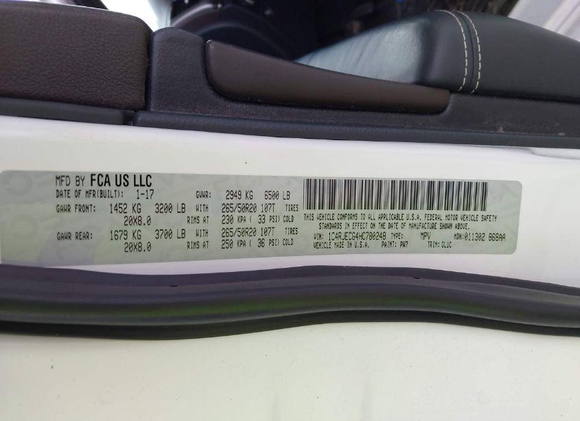 Photo 9 of 2017 Jeep Grand CHEROKEE OVERLAND 4X2 (VIN 1C4RJECG4HC780248)