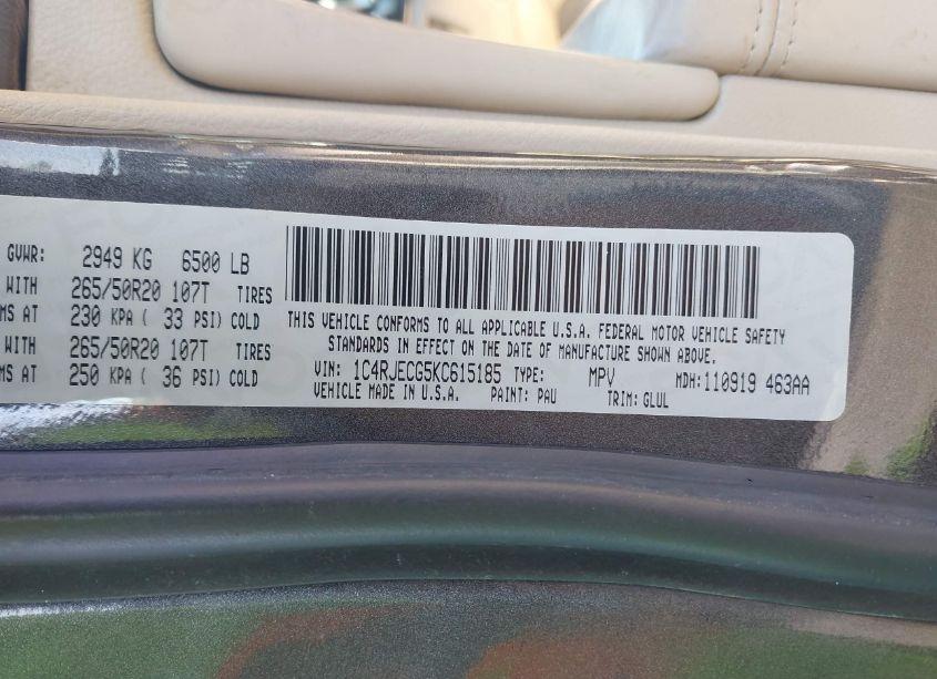 Photo 9 of 2019 Jeep Grand CHEROKEE OVERLAND 4X2 (VIN 1C4RJECG5KC615185)