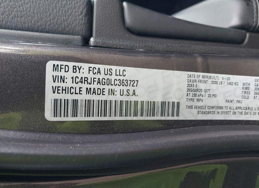 Photo 9 of 2020 Jeep Grand CHEROKEE ALTITUDE 4X4 (VIN 1C4RJFAG0LC363727)