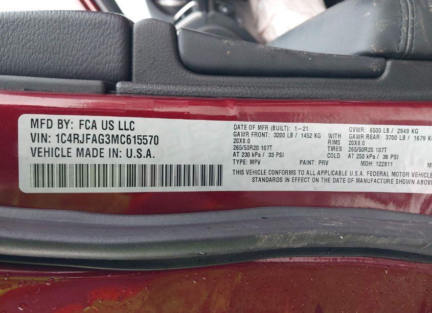 Photo 9 of 2021 Jeep Grand CHEROKEE LAREDO X 4X4 (VIN 1C4RJFAG3MC615570)