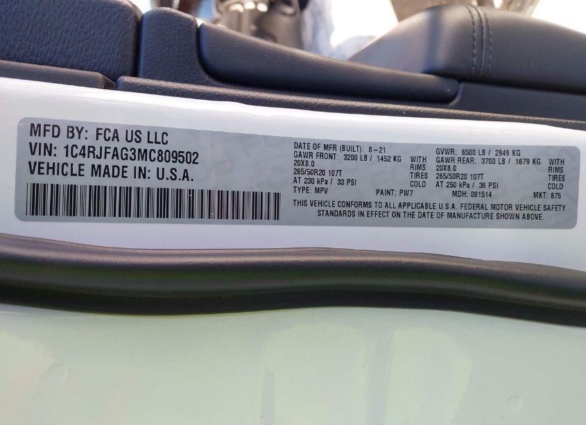 Photo 9 of 2021 Jeep Grand CHEROKEE LAREDO X 4X4 (VIN 1C4RJFAG3MC809502)