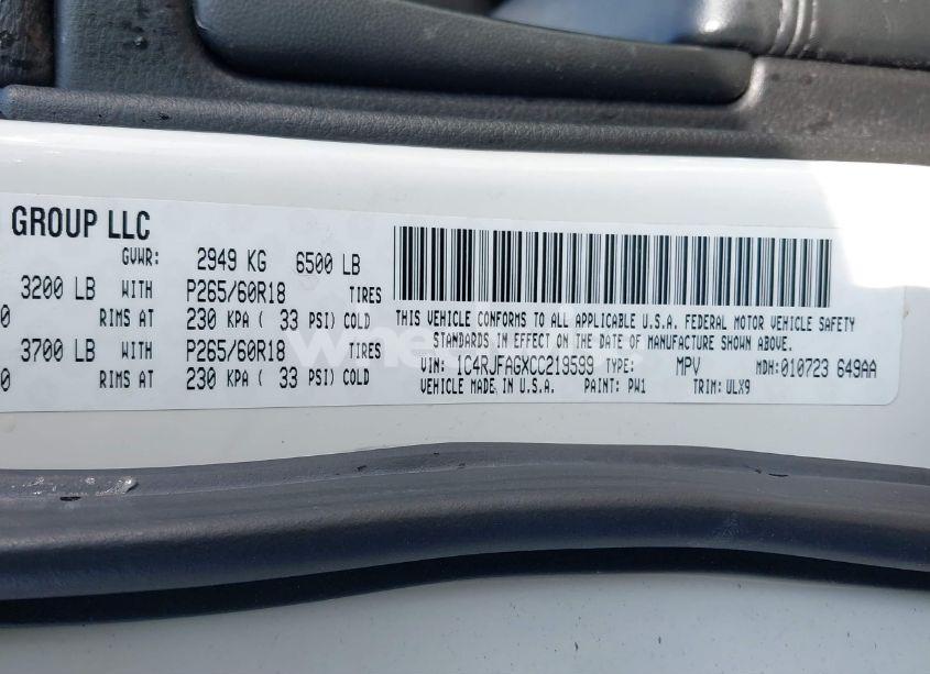 Photo 9 of 2012 Jeep Grand CHEROKEE LAREDO (VIN 1C4RJFAGXCC219599)