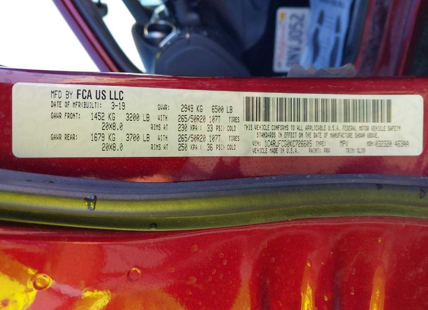 Photo 9 of 2019 Jeep Grand CHEROKEE OVERLAND 4X4 (VIN 1C4RJFCG0KC726605)