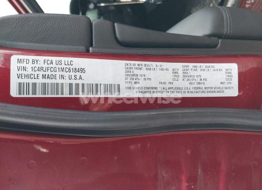 Photo 9 of 2021 Jeep Grand CHEROKEE HIGH ALTITUDE 4X4 (VIN 1C4RJFCG1MC618495)