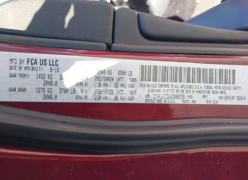 Photo 9 of 2017 Jeep Grand CHEROKEE OVERLAND 4X4 (VIN 1C4RJFCG8HC608729)