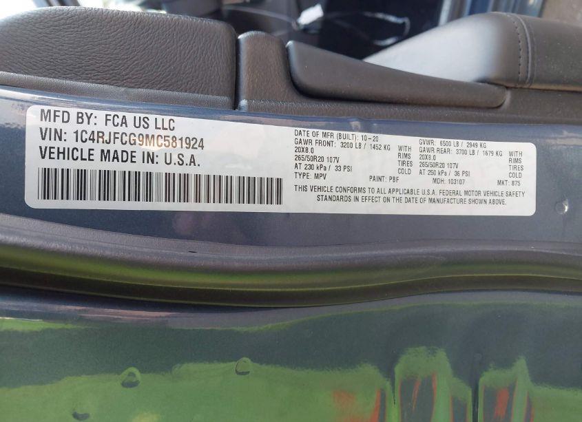 Photo 9 of 2021 Jeep Grand CHEROKEE HIGH ALTITUDE 4X4 (VIN 1C4RJFCG9MC581924)