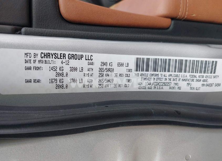 Photo 9 of 2012 Jeep Grand CHEROKEE OVERLAND (VIN 1C4RJFCGXCC292257)