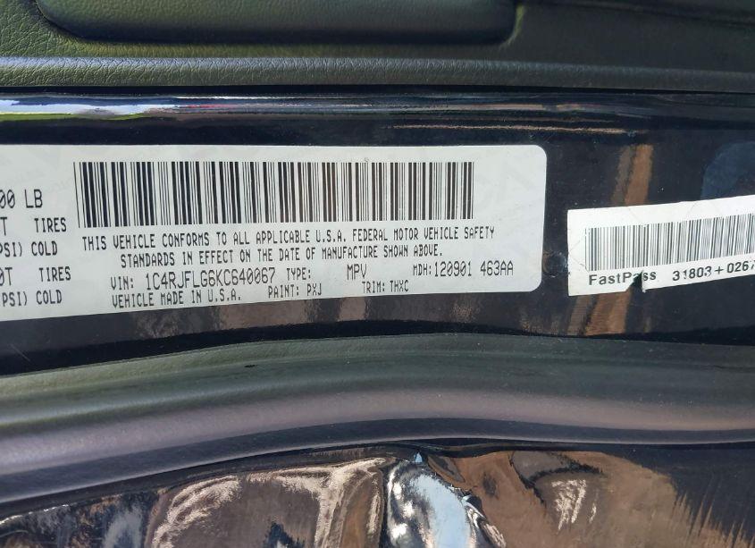 Photo 9 of 2019 Jeep Grand CHEROKEE TRAILHAWK 4X4 (VIN 1C4RJFLG6KC640067)