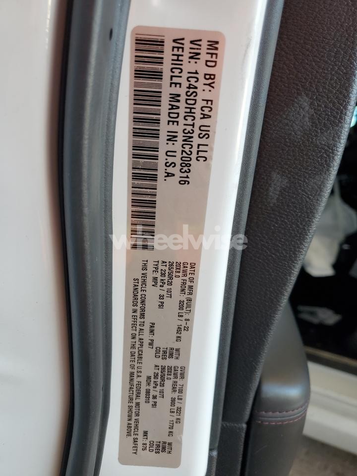 Photo 13 of 2022 DODGE DURANGO R/T (VIN 1C4SDHCT3NC208316)