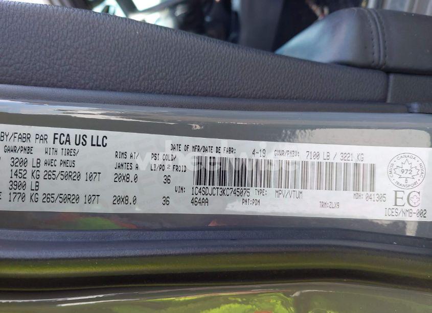 Photo 9 of 2019 Dodge Durango R/T (VIN 1C4SDJCT3KC745075)