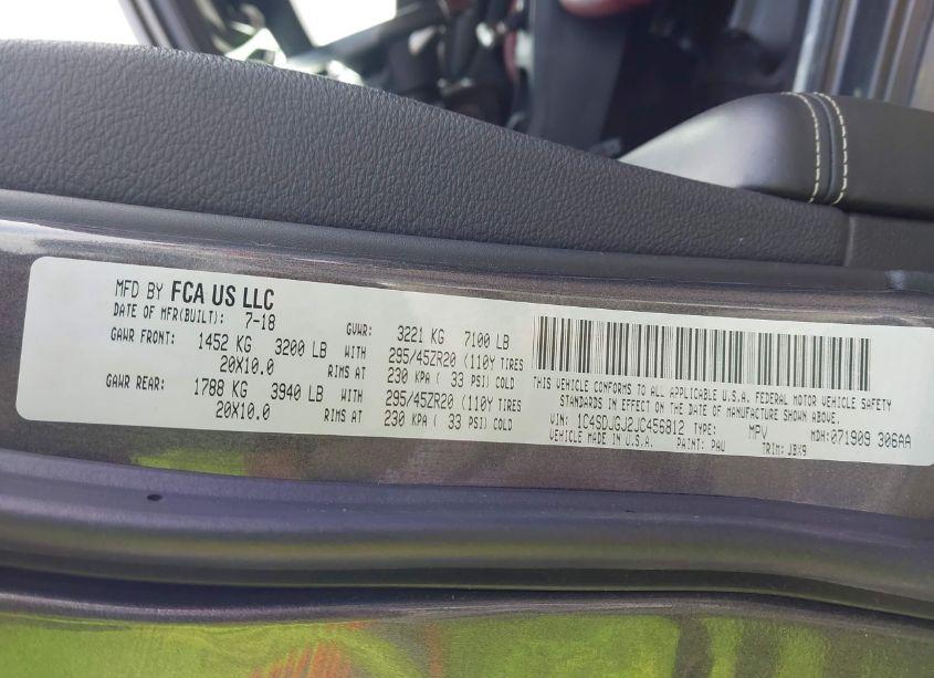 Photo 9 of 2018 Dodge Durango SRT AWD (VIN 1C4SDJGJ2JC456812)