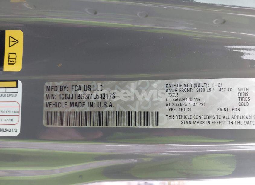 Photo 9 of 2021 Jeep Gladiator RUBICON 4X4 (VIN 1C6JJTBG3ML543173)