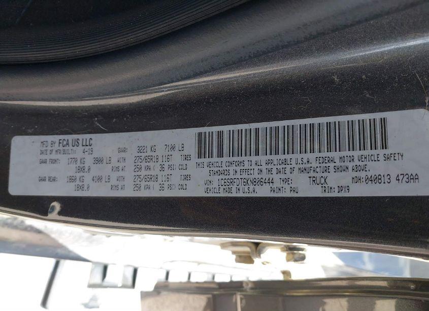 Photo 9 of 2019 Ram 1500 LARAMIE QUAD CAB 4X4 6'4 BOX (VIN 1C6SRFDT6KN806444)