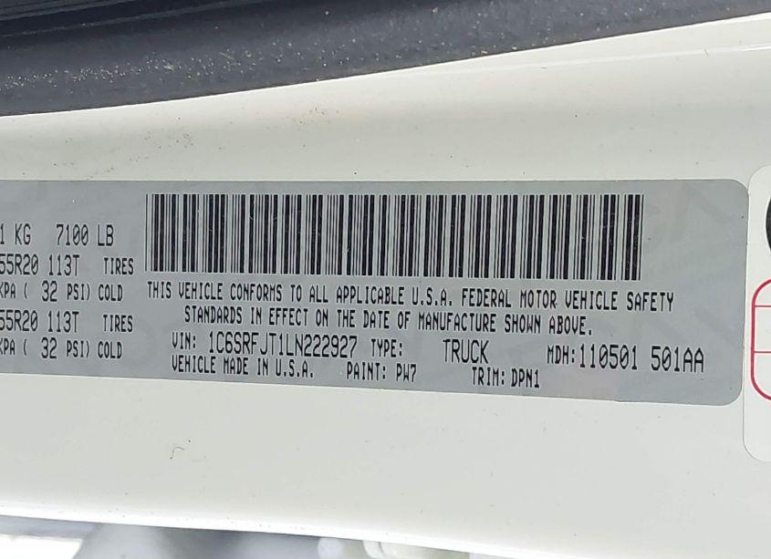 Photo 9 of 2020 Ram 1500 LARAMIE 4X4 5'7 BOX (VIN 1C6SRFJT1LN222927)