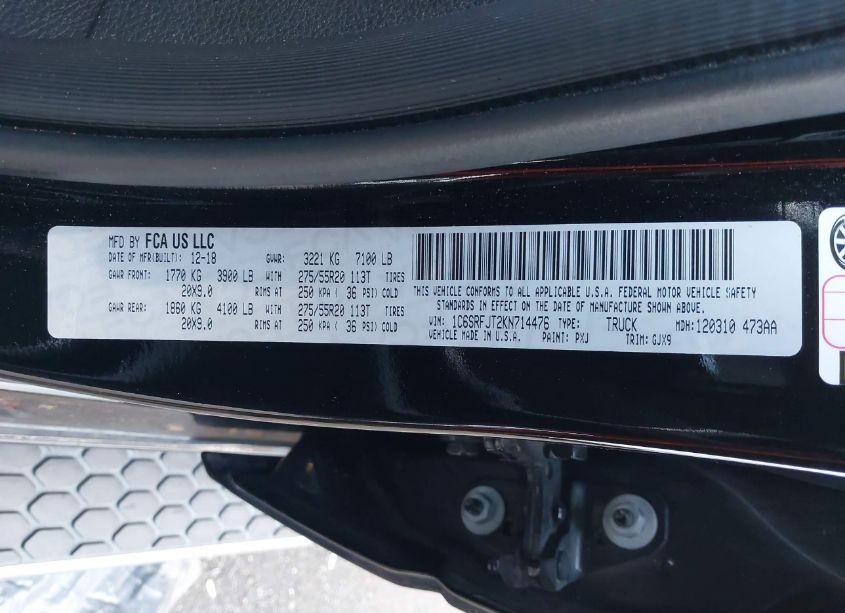 Photo 9 of 2019 Ram 1500 LARAMIE 4X4 5'7 BOX (VIN 1C6SRFJT2KN714476)