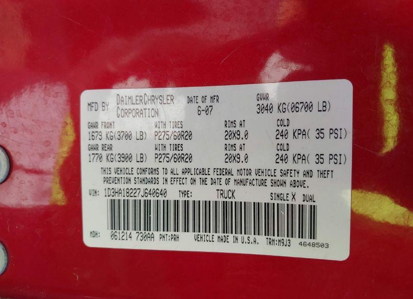 Photo 9 of 2007 Dodge Ram 1500 SLT (VIN 1D3HA18227J640640)