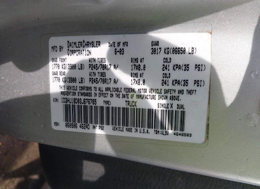 Photo 9 of 2003 Dodge Ram 1500 SLT/LARAMIE/ST (VIN 1D3HU18D03J676765)