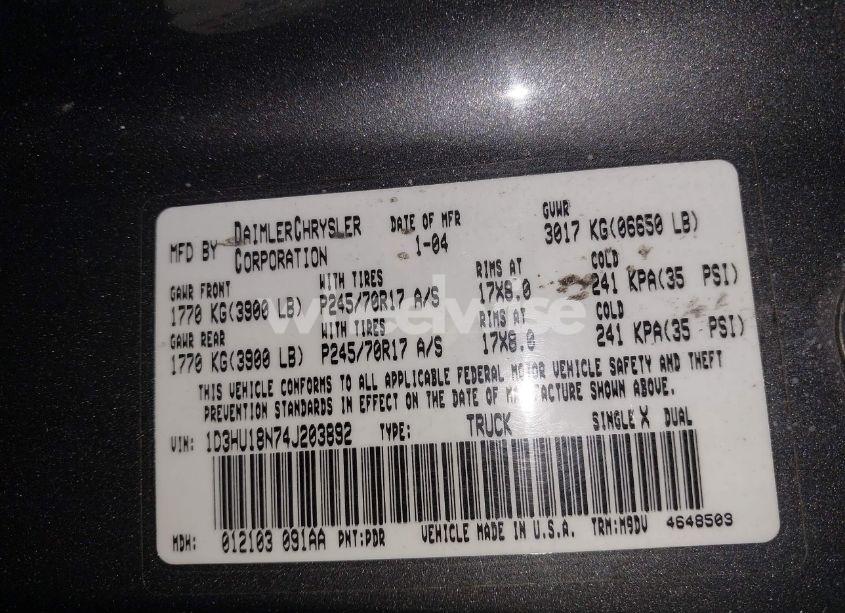 Photo 9 of 2004 Dodge Ram 1500 SLT/LARAMIE (VIN 1D3HU18N74J203892)