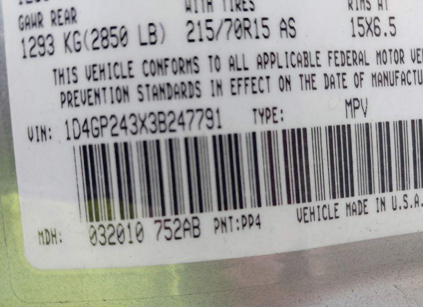 Photo 9 of 2003 Dodge Grand CARAVAN SE (VIN 1D4GP243X3B247791)