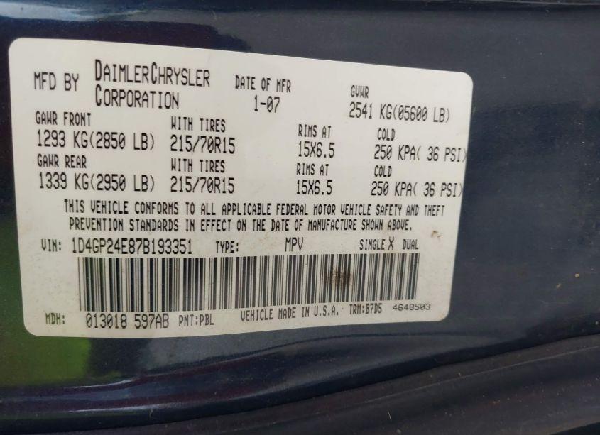 Photo 9 of 2007 Dodge Grand CARAVAN SE (VIN 1D4GP24E87B193351)