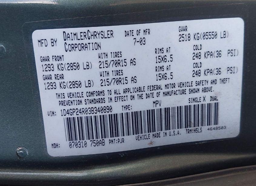 Photo 9 of 2003 Dodge Grand CARAVAN SE (VIN 1D4GP24R03B340890)