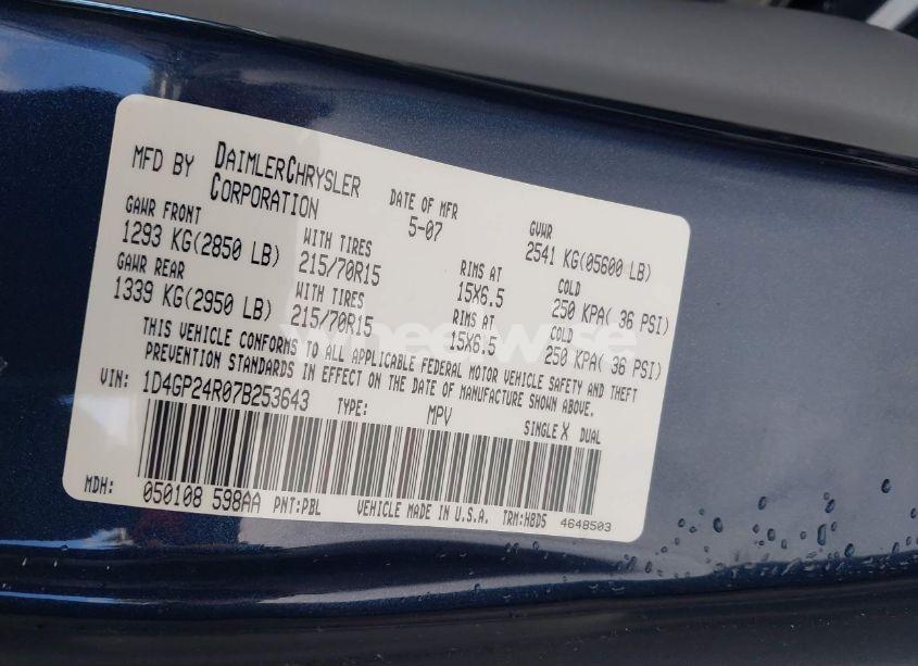 Photo 9 of 2007 Dodge Grand CARAVAN SE (VIN 1D4GP24R07B253643)