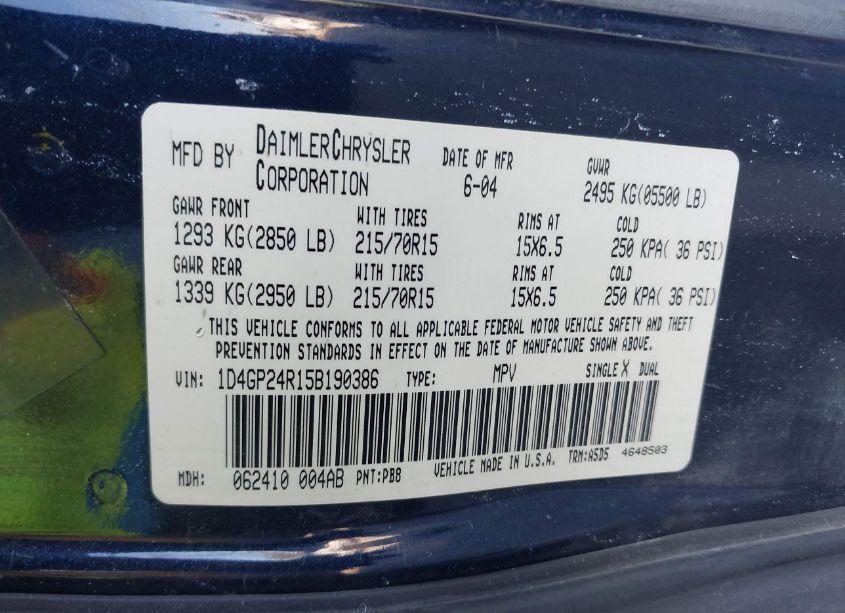 Photo 9 of 2005 Dodge Grand CARAVAN SE (VIN 1D4GP24R15B190386)