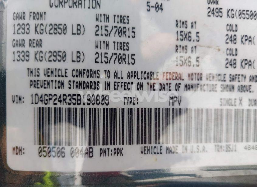 Photo 9 of 2005 Dodge Grand CARAVAN SE (VIN 1D4GP24R35B190809)