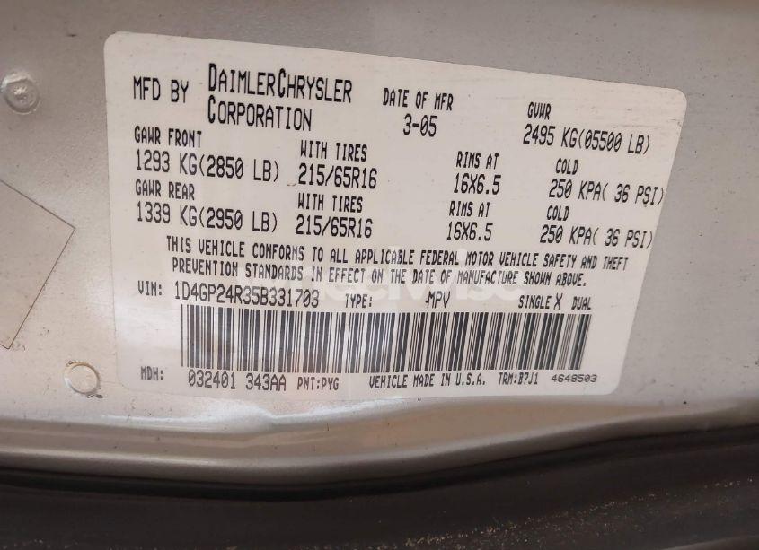 Photo 9 of 2005 Dodge Grand CARAVAN SE (VIN 1D4GP24R35B331703)