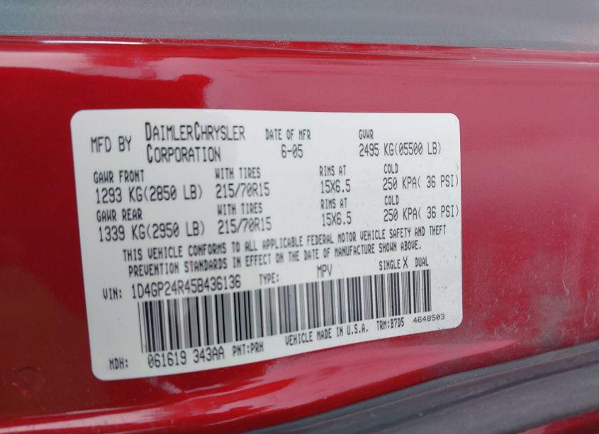 Photo 9 of 2005 Dodge Grand CARAVAN SE (VIN 1D4GP24R45B436136)