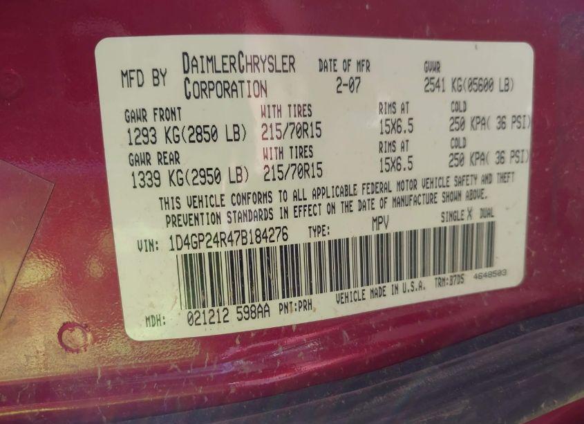 Photo 9 of 2007 Dodge Grand CARAVAN SE (VIN 1D4GP24R47B184276)