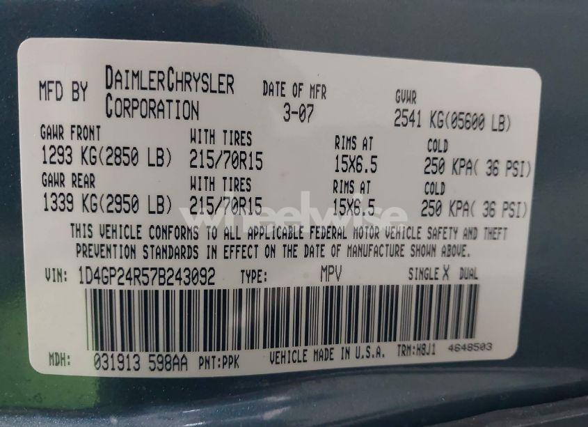 Photo 9 of 2007 Dodge Grand CARAVAN SE (VIN 1D4GP24R57B243092)