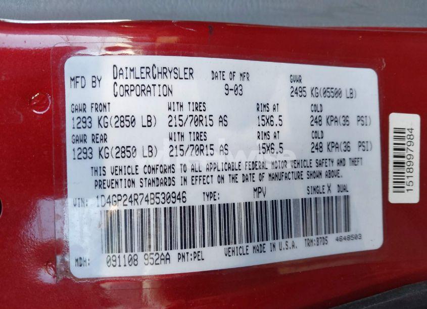 Photo 9 of 2004 Dodge Grand CARAVAN SE (VIN 1D4GP24R74B530946)
