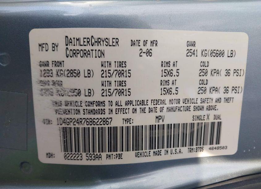 Photo 9 of 2006 Dodge Grand CARAVAN SE (VIN 1D4GP24R76B622867)