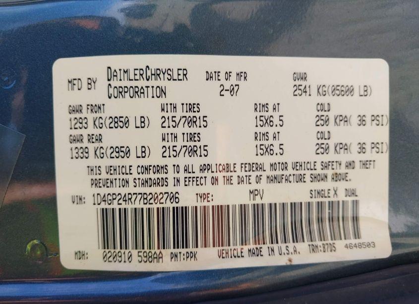 Photo 9 of 2007 Dodge Grand CARAVAN SE (VIN 1D4GP24R77B202706)