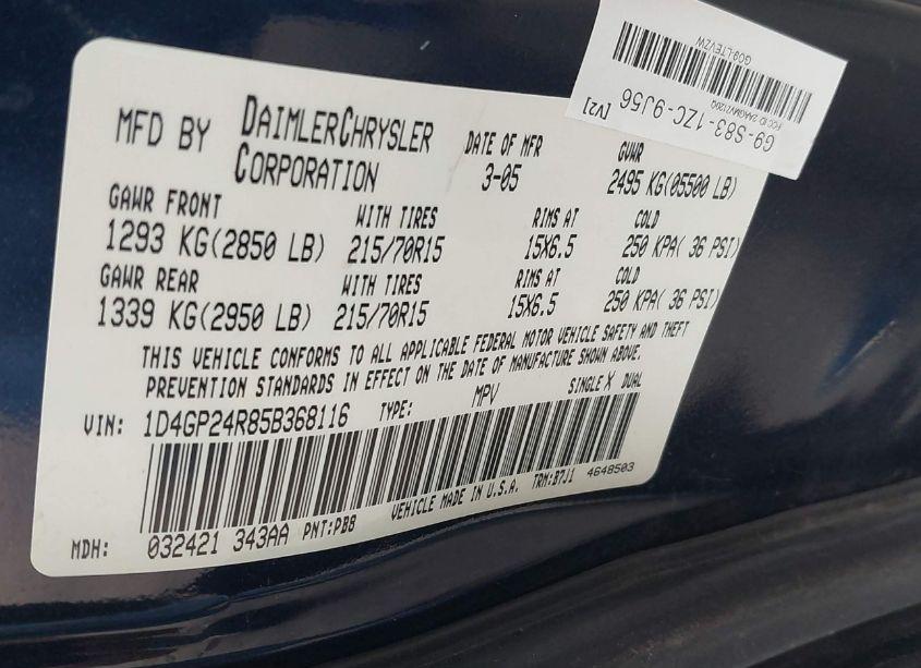 Photo 9 of 2005 Dodge Grand CARAVAN SE (VIN 1D4GP24R85B368116)