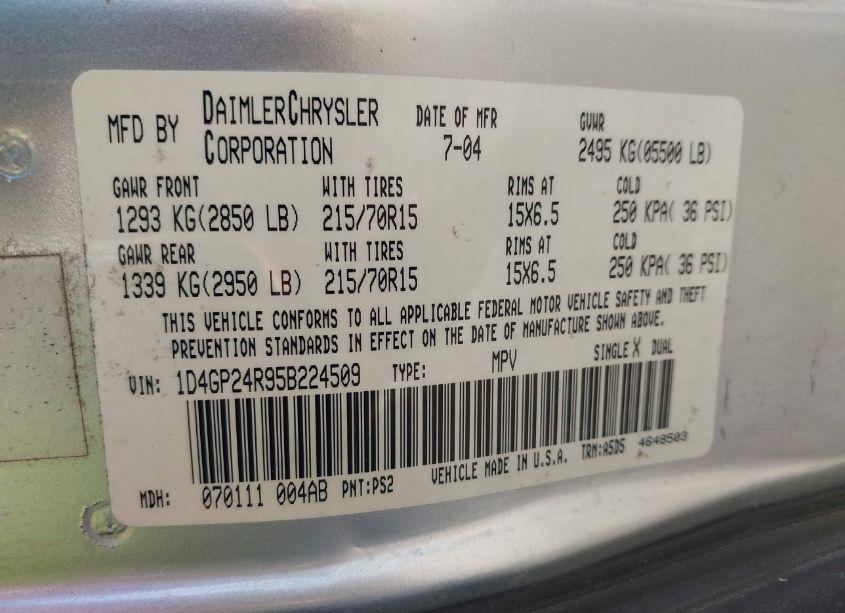 Photo 9 of 2005 Dodge Grand CARAVAN SE (VIN 1D4GP24R95B224509)