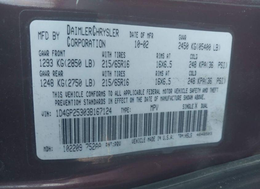 Photo 8 of 2003 Dodge Caravan SE (VIN 1D4GP25303B167124)