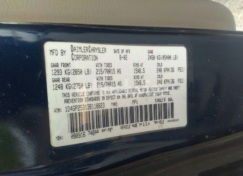 Photo 9 of 2003 Dodge Caravan SE (VIN 1D4GP25313B118823)