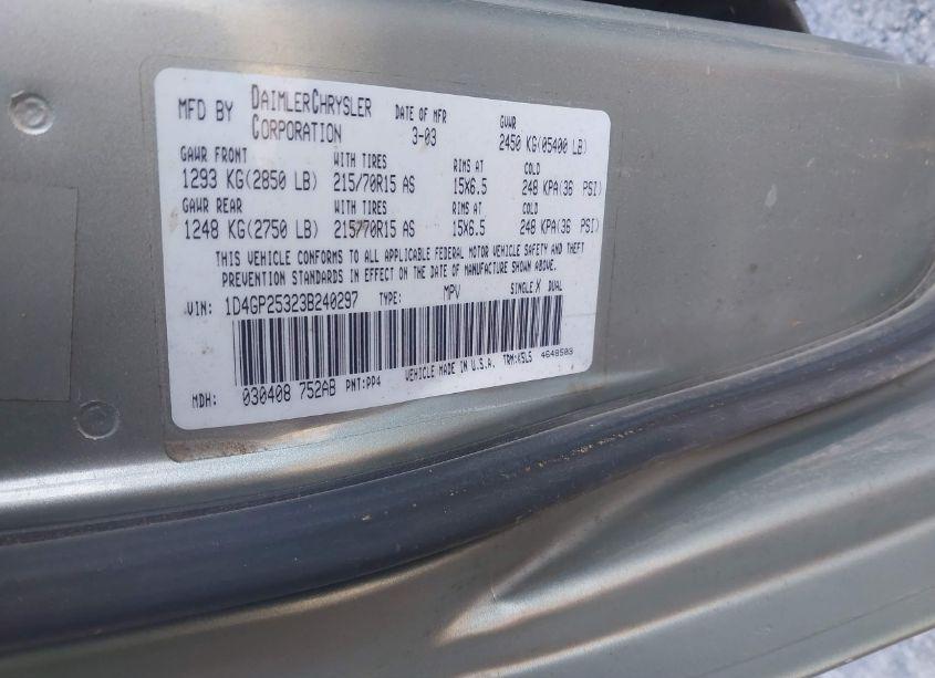 Photo 9 of 2003 Dodge Caravan SE (VIN 1D4GP25323B240297)