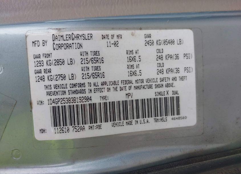 Photo 9 of 2003 Dodge Caravan SE (VIN 1D4GP25383B192904)