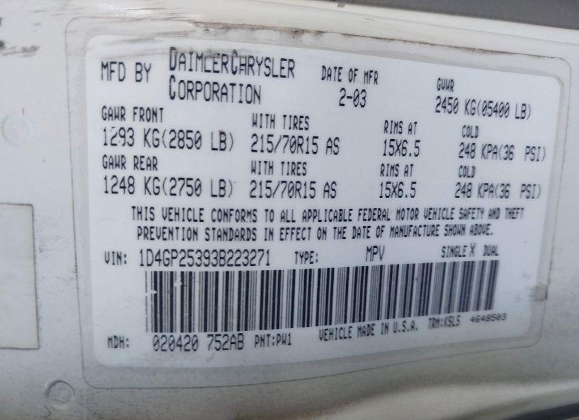 Photo 9 of 2003 Dodge Caravan SE (VIN 1D4GP25393B223271)