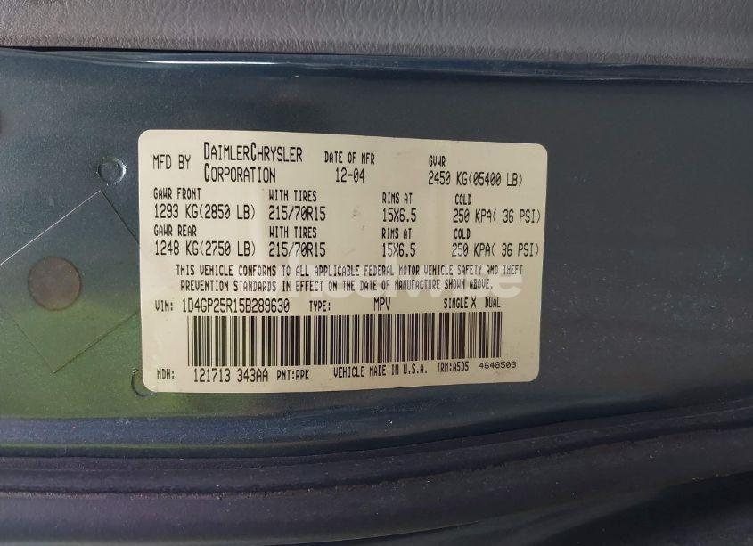 Photo 9 of 2005 Dodge Caravan SE (VIN 1D4GP25R15B289630)
