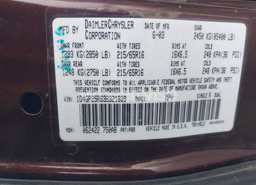 Photo 9 of 2003 Dodge Caravan SE (VIN 1D4GP25R63B321839)