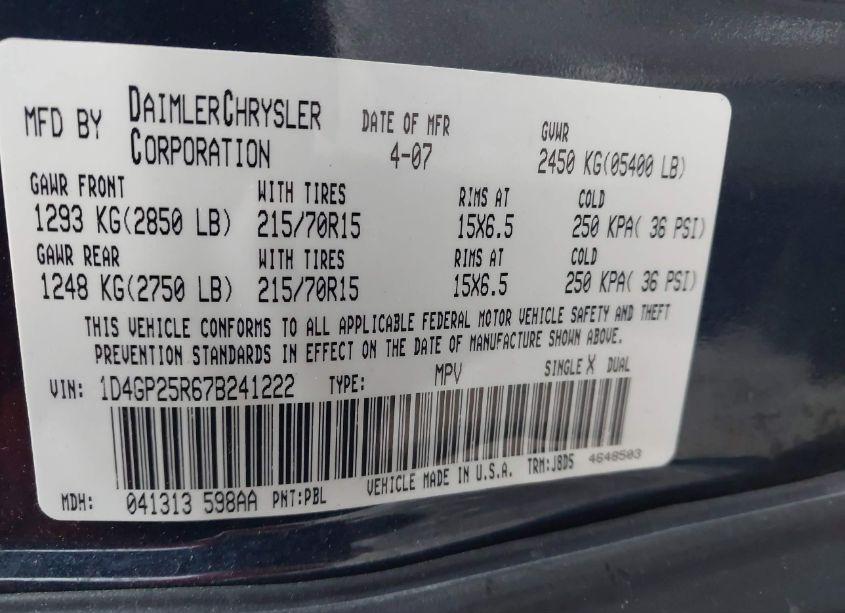 Photo 9 of 2007 Dodge Caravan SE (VIN 1D4GP25R67B241222)