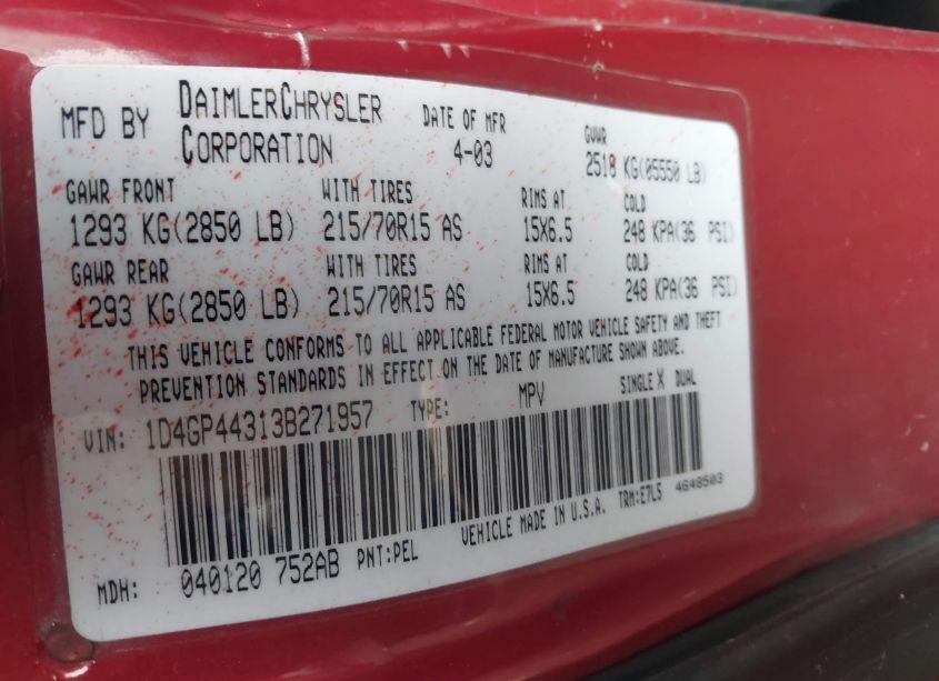 Photo 9 of 2003 Dodge Grand CARAVAN SPORT (VIN 1D4GP44313B271957)