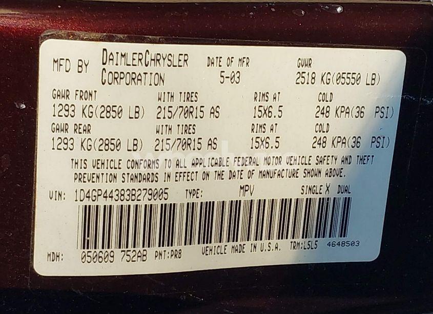 Photo 9 of 2003 Dodge Grand CARAVAN SPORT (VIN 1D4GP44383B279005)