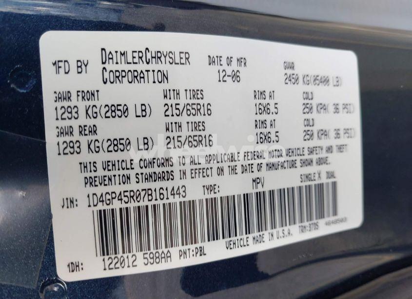 Photo 9 of 2007 Dodge Caravan SXT (VIN 1D4GP45R07B161443)