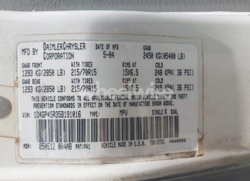 Photo 9 of 2005 Dodge Caravan SXT (VIN 1D4GP45R35B191016)