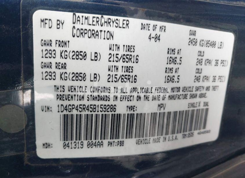 Photo 9 of 2005 Dodge Caravan SXT (VIN 1D4GP45R45B159286)